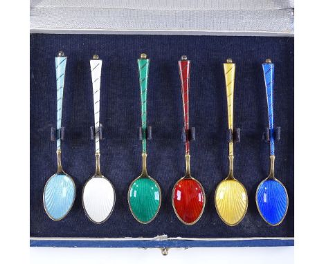 A set of 6 Danish sterling silver and enamel coffee spoons, length 9.5cm 