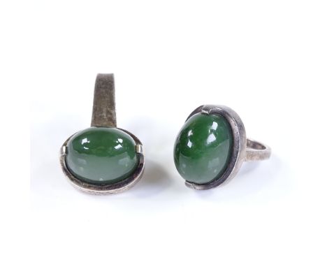 A Danish sterling silver and high cabochon chrysoprase matching ring and pendant, by Sven Haugaard-Kolding, ring size N, pend