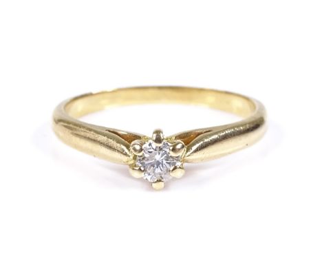 An unmarked gold solitaire diamond ring, diamond approx 0.15ct, settings test as 18ct, setting height 5mm, size M, 2.9g 