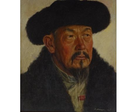 Russian School, oil on canvas laid on board, portrait of a man, indistinctly signed, dated 1942, 18" x 16", rosewood frame 