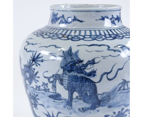 A fine Chinese Swatow blue and white glaze porcelain baluster jar, hand painted mythical beasts, 17th century, height 26cm, r