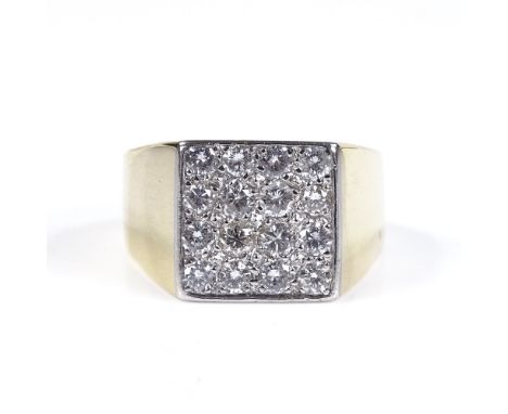 A large 18ct gold diamond panel signet ring, total diamond content approx 1ct, panel height 11.9mm, size Q, 15.3g 