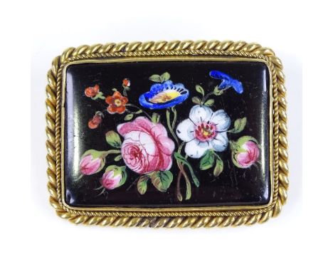 A Victorian floral enamel brooch, in gold plated rope twist frame, length 50.4mm 