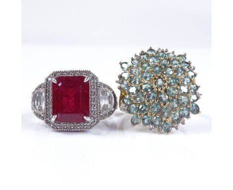 A 9ct gold green stone and diamond cocktail ring, size S, together with a sterling silver ruby and white topaz dress ring, si