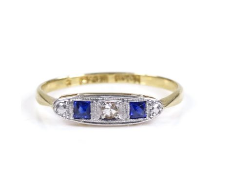 An Art Deco 18ct gold 5-stone sapphire and diamond ring, setting height 3.6mm, size J, 1.3g 