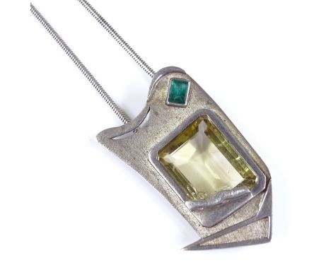 A 1960 sterling silver emerald and citrine geometric pendant necklace, on silver snake link chain, pendant height 54.7mm, cha