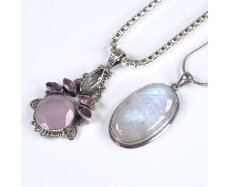 A sterling silver gem set pendant, on heavy box link silver chain, together with a large moonstone pendant necklace on silver