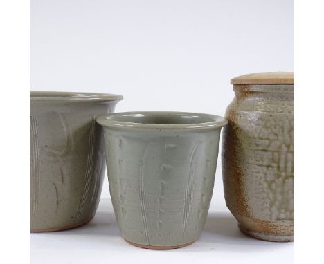 Lowerdown studio pottery, (David Leach interest), 2 plant pots with green glaze incised decoration, and 1 stoneware jar, jar 