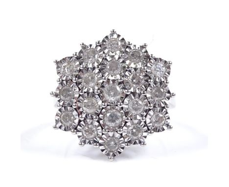 A 9ct white gold diamond cluster panel ring, total diamond content approx 1ct, panel height 20.1mm, size M, 4.4g 