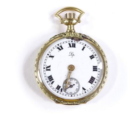 A Swiss 18ct gold open-face top-wind fob watch, with cast floral surround and blue enamel caseback (A/F), by Lip, white ceram