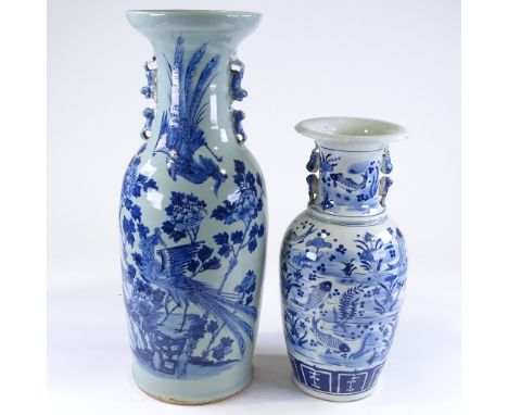 A large Chinese blue and white porcelain vase, with phoenix decoration, height 59cm, and a Chinese blue and white with fish d