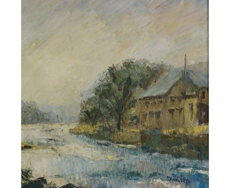 Attributed to Ronald Dunlop, oil on canvas, impressionist river scene, 16" x 20", framed 