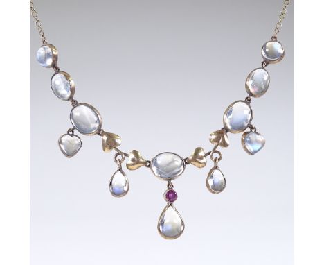 An 9ct gold moonstone and ruby collar necklace, set with heart, pear and oval cabochon moonstones, later 18ct gold chain, len