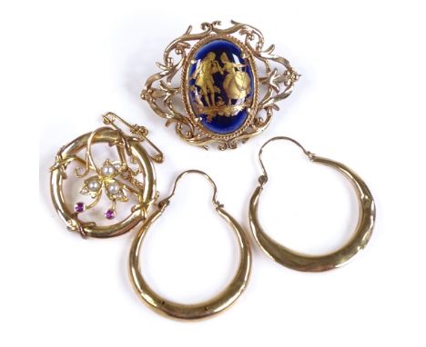 A 15ct gold ruby and pearl circular brooch, pair of 9ct gold hoop earrings, and a 9ct gold brooch with Limoges plaque, 12.6g 