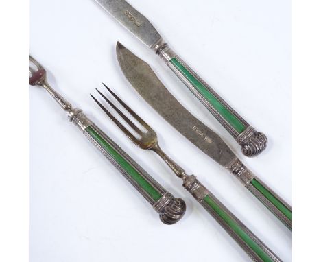 A set of 6 late Victorian silver dessert knives and forks, with green stained ivory panel handles and silver blades, by Georg