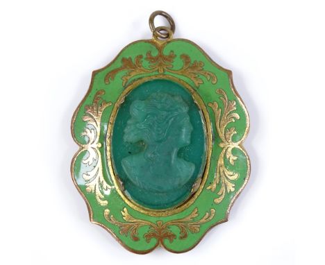 An Antique relief carved green glass cameo pendant, in green enamel and pinchbeck frame, height 44.2mm 