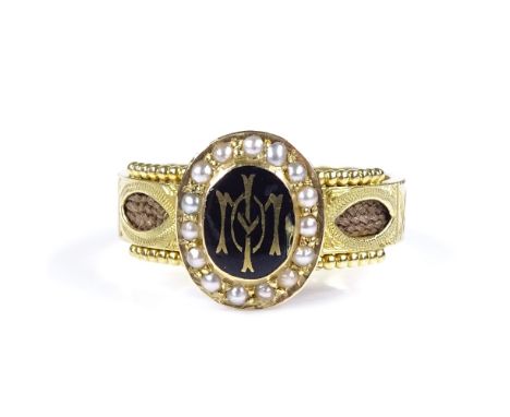 An Antique 15ct gold pearl enamel and hair mourning ring, with inlaid woven hair shank, engraved "Baby Constance September 30
