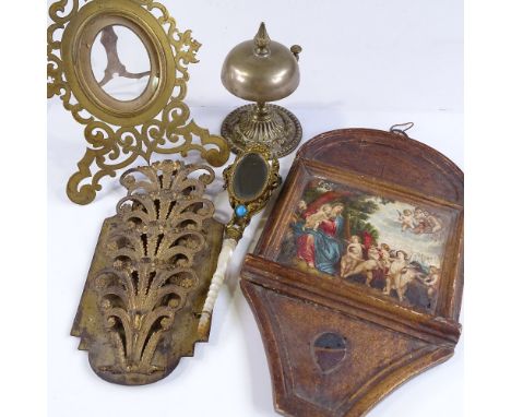 An ornate 19th century mother-of-pearl handles posy holder, a nickel plate desk bell, a Georgian gilt-metal letter rack, a br