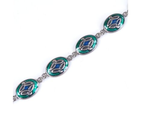 A Celtic sterling silver and enamel panel bracelet, length 20cm, 14.9g 