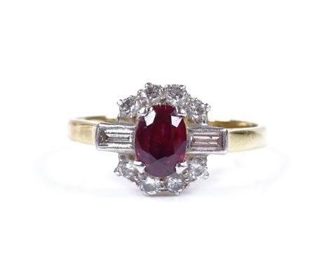 An 18ct gold Art Deco ruby and diamond cluster ring, set with oval-cut ruby, surrounded by round brilliant-cut diamonds and b
