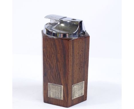 A Danish teak and silver inlaid hexagonal table lighter, by Hans Hansen, height 10cm 