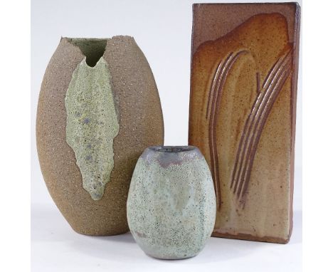 3 studio pottery vases, including a Marianne De Trey slab vase, height 28cm (3) 