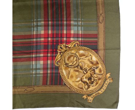 A Ralph Lauren hunting design silk scarf, on olive green ground, 90cm x 90cm 