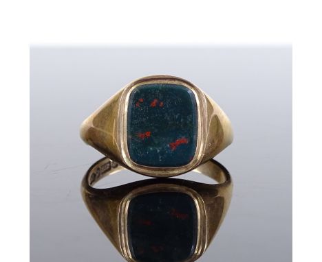 A 9ct gold bloodstone seal signet ring, setting height 14.6mm, size V, 6.2g 