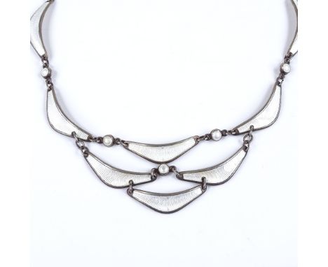 A Norwegian sterling silver and white enamel collar necklace, with engine turned decoration and waterfall design, by Albert S