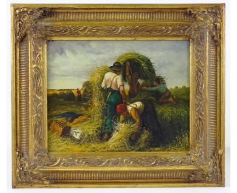 Oil on panel, portrait of a gentleman, unsigned, 10" x 8", and oil on panel, harvest scene, unsigned, 8" x 10", framed (2) 