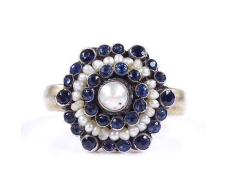 An Austro-Hungarian sterling silver sapphire and pearl cluster ring, setting height 16.8mm, size S, 3.9g 