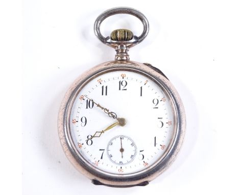 A Continental silver cased open-face top-wind pocket watch by JWC, engine turned case with subsidiary seconds dial and Arabic
