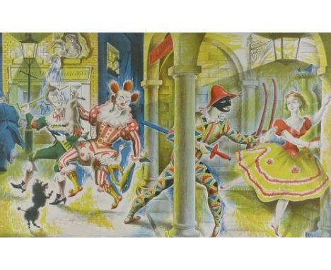 Clarke Hutton, School print, harlequinade, published by the Baynard Press, image size 16.5" x 27", framed 