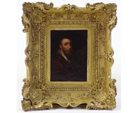 19th century oil on board, half length portrait of a man wearing a wide brimmed hat, unsigned, 4.5" x 3.5", framed 