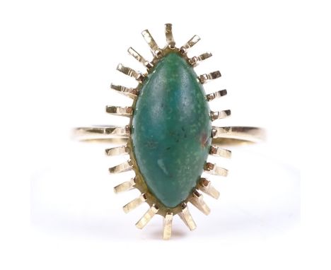 An unmarked gold marquise-cut turquoise ring, settings test as 18ct gold, setting height 19.7mm, size O, 4.3g 