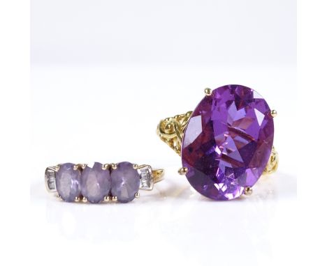 A 9ct gold amethyst and baguette-cut diamond dress ring, size S, together with a silver-guilt large amethyst ring, size O, 10