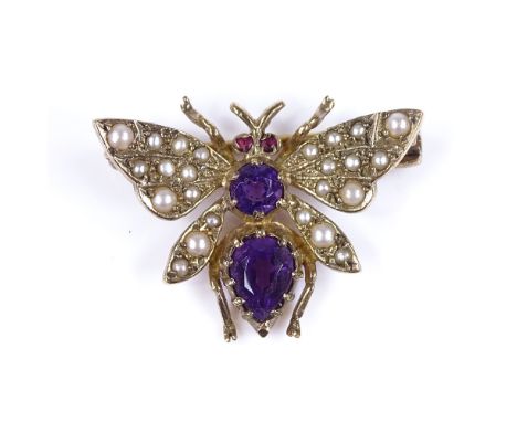 A 9ct gold amethyst, pearl and ruby figural bug brooch, wingspan 26.3mm, 3.5g 