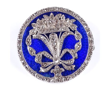 An Antique unmarked gold diamond and blue enamel circular brooch, depicting spray of flowers and ribbon, diameter 24.2mm, 8.6