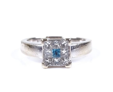 An 18ct white gold blue and white diamond cluster ring, total Princess-cut diamond content approx 0.5ct, setting height 7.5mm