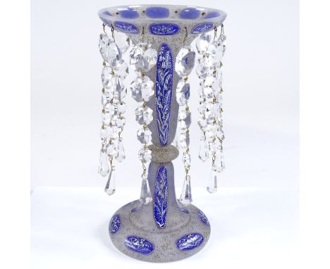 A 19th century gilded blue enamel table lustre with cut-glass drops, height 29cm 