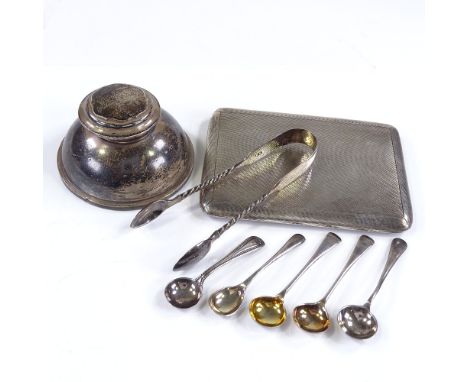 Various silverware, including engine turned silver cigarette case, inkwell, tongs, and cruet spoons, 6.9oz weighable 