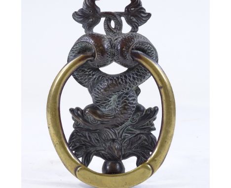 A Victorian cast-brass gurgle fish design door knocker, height 20cm 