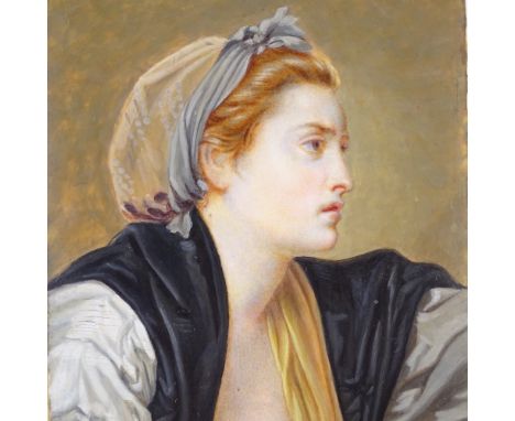 A late 19th century miniature watercolour on ivory, half length portrait of a woman, unsigned, 11cm x 8.5cm 