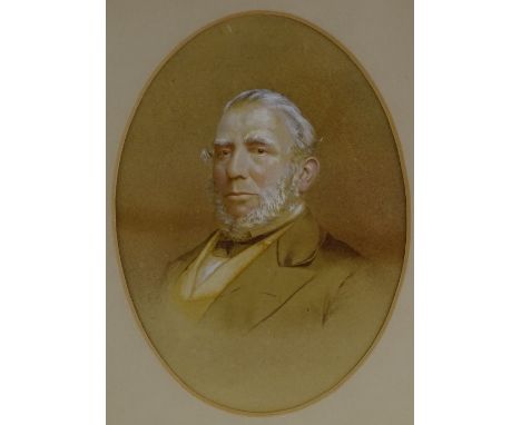 19th century watercolour portrait of a woman, unsigned, a modern oil on panel, portrait of a man, and an overpainted photogra