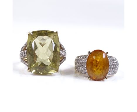 A 9ct gold citrine diamond and white sapphire dress ring, size M, together with a 9ct green quartz and white sapphire dress r