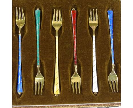 A set of 6 Danish sterling silver and enamel pickle forks, length 12cm 