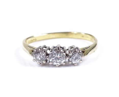 An 18ct gold 3-stone diamond ring, total diamond content approx 0.6ct, setting height 5mm, size L, 2.2g 