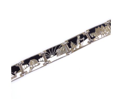 A Norwegian silver and enamel panel bracelet, depicting winter scenes, length 19cm, 25.5g 