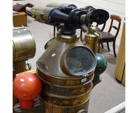 A large early 20th century military ship's binnacle, elm/teak drum case with brass top and inset gimballed compass by Kelvin 