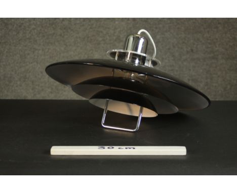 A vintage chrome and black enamel three tiered UFO design Ceiling lamp. Dia. 43cm. 